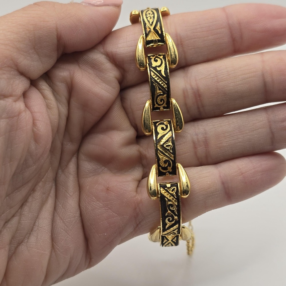 Vintage Spanish Damascene Link Bracelet - Black & Gold with Safety Chain - Picture 8 of 12